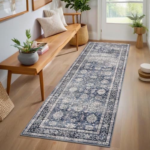 GarveeHome Runner Rugs 2x6 Vintage Printed Hallway Rugs with Non-Slip Backing, Stain-Resistant Oriental Area Rugs, Washable Farmhouse Low Pile Rugs for Kitchen, Laundry, Blue - color: Denim / Multi, size: 2' x 6' (Runner)