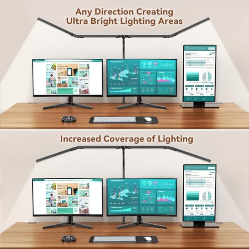 Pzloz Led Desk Lamps for Home Office - Eye Caring Architect Lamp with Clamp, Double Head Computer Monitor Work Desk Light with Remote Control: 24W Flexible Dimmable Desktop Table Lamp - color: Dark Black