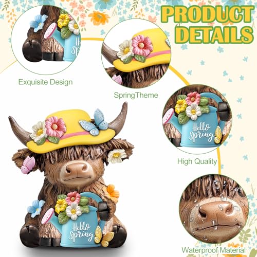 Karenhi 2 Pcs Highland Cow Figurines, Spring Floral Table Decor - style: Spring