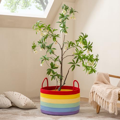 KAKAMAY Large Blanket Basket with Handles, Storage Basket for Living Room - color: Rainbow