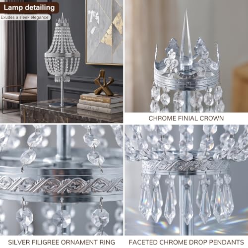 25.6in Height Clear Crystals Table Lamp for Living Room,Modern Tall Bedside Lamp for Bedroom Living Room Study Room (Chrome Crown) - color: Chrome Crown