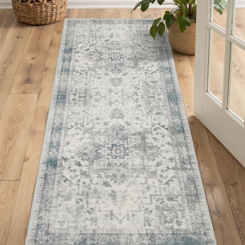 Rugxara 2x5 Washable Runner, Non Slip Boho Hallway & Kitchen Entry Rug - color: Blue & Grey, size: 2' x 5' (Runner)