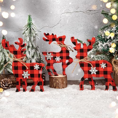 3Pcs Cute Christmas Tiered Tray Decor Indoor, Wooden Reindeer Christmas Tabletop Decorations Xmas Centerpiece, Rustic Reindeer Block Signs Standing Elk Decor for Home Shelf - style: Red and Black Buffalo Plaid
