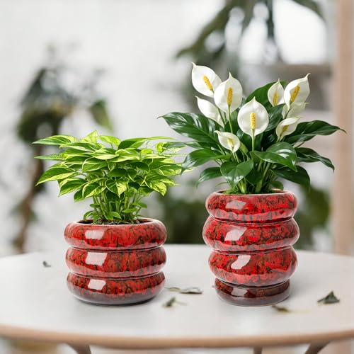 Ceramic 6 inch Plant Pot - Red Planter for Indoor Plants with Drainage Hole - color: Red-s