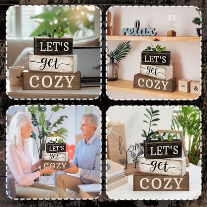 Moucuny 4 Pcs Farmhouse Table Decor Inspirational Wood Signs Let's Get Cozy - style: Let's Get Cozy