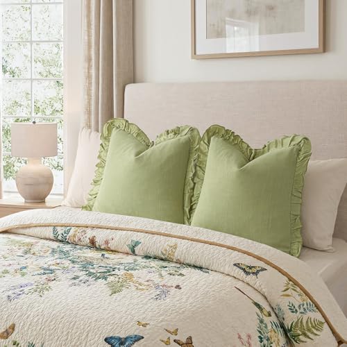 Foindtower Linen Fringe Ruffle Throw Pillow Covers 18×18 Inch Light Green - color: Light Green, size: 18" x 18" (Pack of 2)