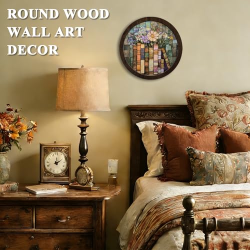 CFFJLHN Vintage Floral Book Wall Art Decor, Book Lovers Gifts, Light Academia Flower Bookish Round Hanging Wall Decor for Reading Corner Nook Room Home Library Bedroom, 10x10 Inch - color: Book