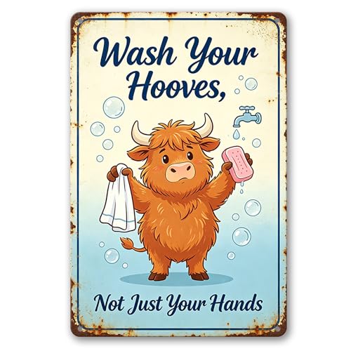Cartoon Highland Cow Wash Your Hooves Funny Slogan,Rustproof Aluminum Vintage Wall Sign Humorous Farmhouse Bathroom Home Decor, Multipurpose Indoor Outdoor Hanging Plaque 8×12 Inch - color: M2030-Cow1-7