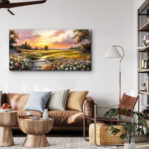 crmotu Nature Landscape Wall Art, Sunset Wildflowers Pictures 20X40 In - color: River Flowing Sunset, size: 40"L x 20"W