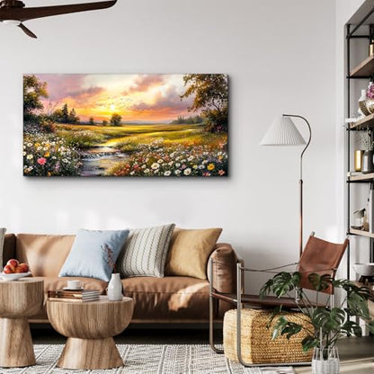 crmotu Nature Landscape Wall Art, Sunset Wildflowers Pictures 20X40 In - color: River Flowing Sunset, size: 40"L x 20"W