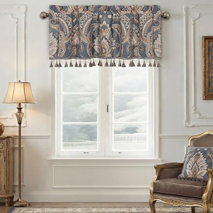 Loom and Mill European Damask Valances for Windows, Gray-Blue+Brown,54"x18" - color: Gray-blue+brown