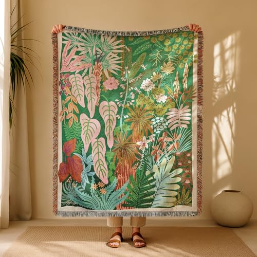 JQZ Tropical Botanical Throw Blanket, Woven Tapestry with Fringe, Colorful Jungle Foliage Design, Green Pink Orange