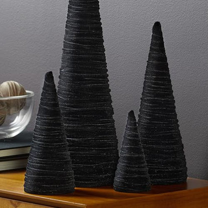 Your Heart's Content Velvet Trees Set of 4 Black, Winter Mantel Accent, Navidad Tabletop Tree, Wedding Centerpiece, Cozy Handcrafted Gift, Bookcase, Classic Valentine (Black) - color: Black