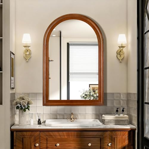 Tanmicoshomy Wood Arched Bathroom Mirror 24 x 36 Inch, Rustic Brwown Frame - color: Brwon, size: 36"L x 24"W