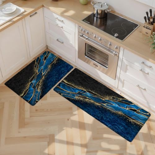 Kitchen Mats Set of 2, Cushioned Anti Fatigue Non Slip Waterproof Runner, Blue and Gold Marble Design, PVC Memory Foam for Kitchen Sink and Laundry - color: Blue Marble 2