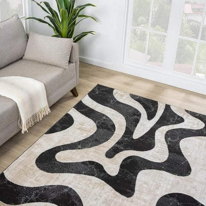 Beige Black Swirl Modern Area Rug – 2'6" x 6' – Contemporary Abstract Design – Terra Collection – Non-Shedding, Fade-Resistant, Easy to Clean – Durable for High Traffic Areas – Living Room & Bedroom - size: 2'6" x 6' (Rectangular)