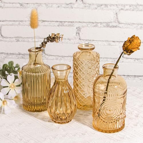 TBWIND Gold Amber Glass Bud Vases Set of 12, Small Vases for Flowers - color: Amber-12pcs, size: 12Pcs