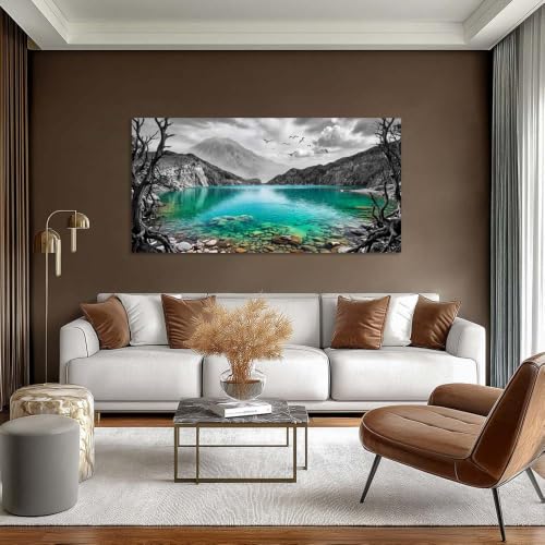 Black and White Mountain Canvas Wall Art Colorful Tropical Floral Lake Landscape Painting Flat Print Gallery Wrapped Artwork for Living Room Bedroom Bathroom Decor, 58X28 INCH - color: Black Mountain Lake 19, size: 58"L x 28"W, style: Mysterious