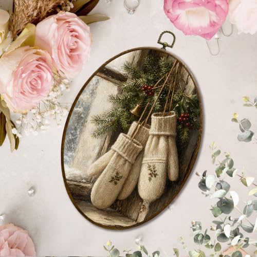 JQF Farmhouse Winter Christmas Mittens Oval Wall Decor Framed 8.5x11.5 Inch - color: Gloves-1
