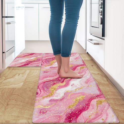 Feelyou Pink Marble Kitchen Rugs Modern Marble Aesthetic Kitchen Mats Retro Watercolor Artwork Design Cushioned Anti-Fatigue Thick Duty Ergonomic Comfort Rug 17.32x29.53+17.32x47.24 inch - color: Pink