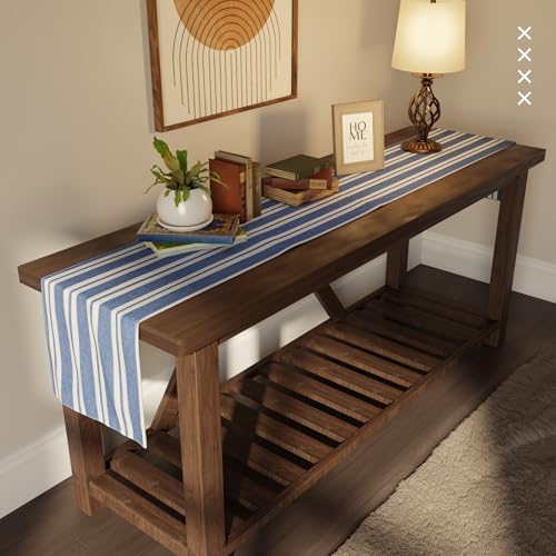 Encasa XO Table Runner, Woven Cotton Dining Linens 13"x72" Blue - color: Franca Blue Stripes, size: 13x72 in