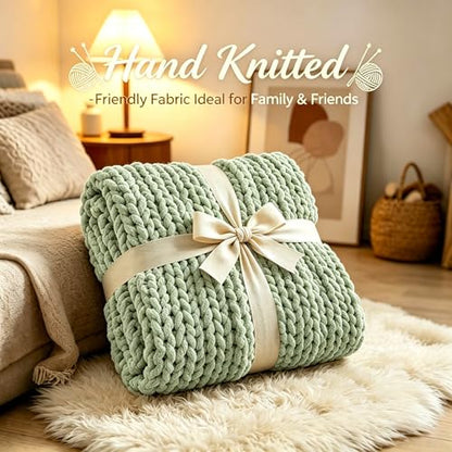 Chunky Knit Blanket Throw for Couch, 60"x80" Chunky Yarn Knitted Blankets - color: Sage Green, size: 60"x80"