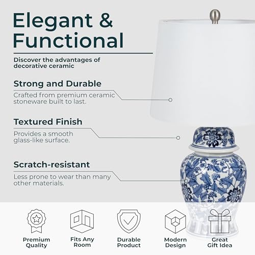 Temple Jar Accent Table Lamp with Blue & White Floral Pattern – Ceramic Stoneware Decorative Lamp with White Lampshade – Elegant Home Decor for Any Room, 14"x25"