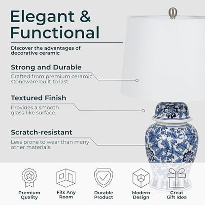 Temple Jar Accent Table Lamp with Blue & White Floral Pattern – Ceramic Stoneware Decorative Lamp with White Lampshade – Elegant Home Decor for Any Room, 14"x25"
