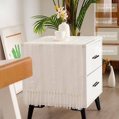 Rustic Small Boho Ivory Linen Style Table Runner 14x36 Inches - style: Ivory