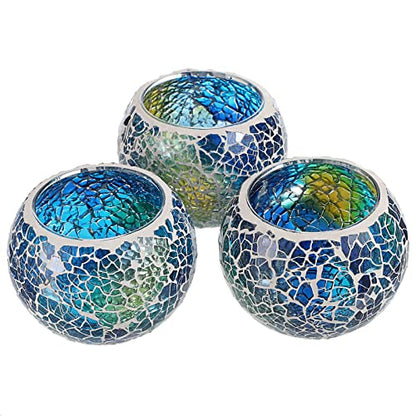 OwnMy 3PCS Mosaic Glass Tea Light Holders Round Bowl Votive Candle Holders - color: Blue