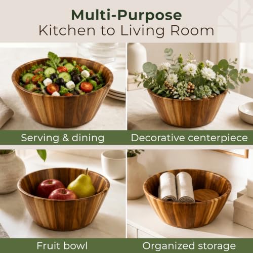 Acacia Wood Salad Bowl - Small Serving Wooden Bowl for Kitchen, 10"