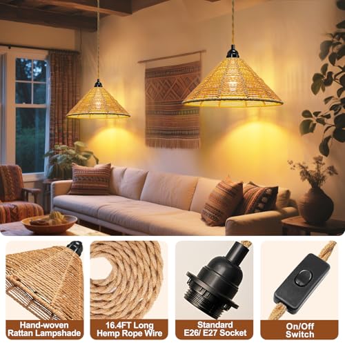 Maliralt Hanging Lamps Rattan Pendant Light - 16.4ft Plug in Cord Hanging Light Fixture Plug Into Wall Outlet Pendant Lighting with On Off Switch for Bedroom Living (Industrial Shade) - size: 7.88 Inch - Industrial Shade