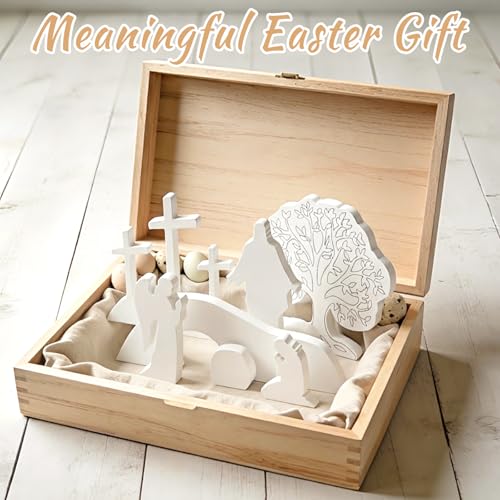 APUDW 7 Pcs Easter Scene and Cross Decoration White Wooden Empty Tomb Resurrection Scene Tabletop Display Christian Religious Jesus Nativity Set for Easter Holy Week Home Office Church Tray Shelf