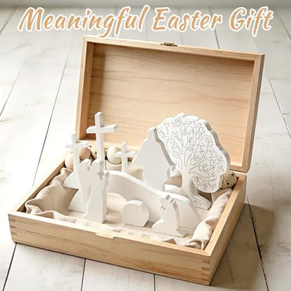 APUDW 7 Pcs Easter Scene and Cross Decoration White Wooden Empty Tomb Resurrection Scene Tabletop Display Christian Religious Jesus Nativity Set for Easter Holy Week Home Office Church Tray Shelf