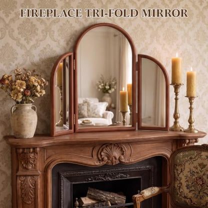 Nuanchu Wood Trifold Vanity Mirror, 36 x 24 in, Brown, Arched