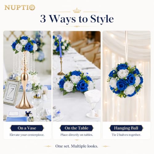NUPTIO Flower Balls Centerpieces for Tables: Royal Blue White Fake Roses - color: Royal Blue & White, size: 2 Pcs