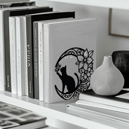 Peacoblue 5.3"x4.3"x5.3" Metal Bookends, Heavy Duty Book Ends for Shelves - style: Moon with Cat and Flower