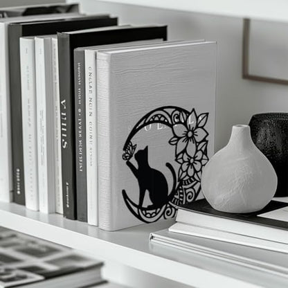 Peacoblue 5.3"x4.3"x5.3" Metal Bookends, Heavy Duty Book Ends for Shelves - style: Moon with Cat and Flower