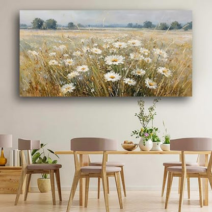 Abstract White Flower Landscape Picture Canvas Art Hanging Living Room Dining Room and bedroom,Grassland scenery Wall Art Prints Modern Style Artwork Waterproof Ready to Hang - 20x40 Inch - color: White flower, size: 40"L x 20"W