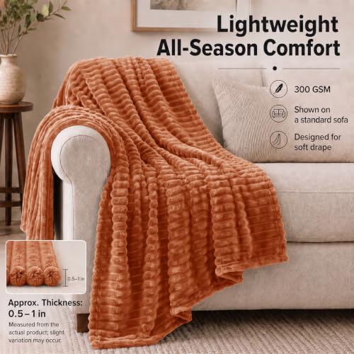 HIMEET Burnt Orange Full Blanket for Bed, 300GSM Ribbed Fleece, 84 x 90 in - color: Burnt Orange, size: Full (84" x 90")