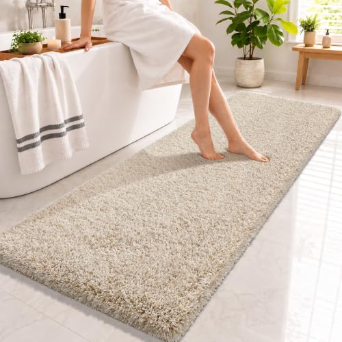 Yimobra Bathroom Runner Rug Non Slip 70x24,Long Bath Mat, Light Beige&White - color: Light Beige and White, size: 70" X 24"