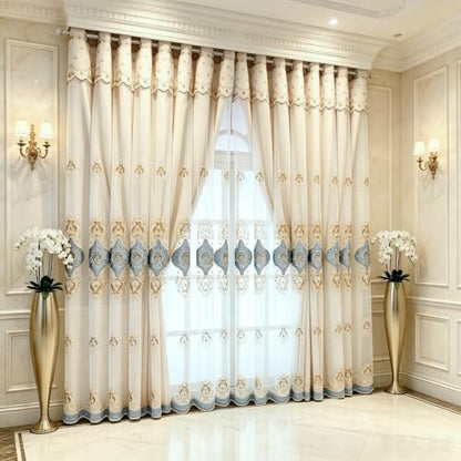 Amidoudou 1 Pair European Double Layer Curtains with Sheer Curtains for Living Room Bedroom Luxury Embroidered Blackout Curtains (Beige,52x84 Inch) - color: Beige, size: 52"W x 84"L (Pack of 2)