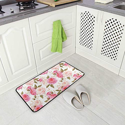 susiyo Kitchen Mat Beautiful Floral Pink Roses Kitchen Rug Mat Anti-Fatigue Comfort Floor Mat Non Slip Oil Stain Resistant Easy to Clean Kitchen Rug Bath Rug Carpet for Indoor Outdoor Doormat