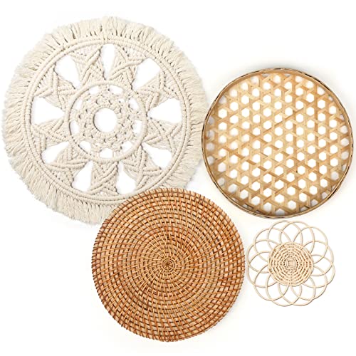 Tatuo 4 Pack Wall Baskets Decor, Round Rattan Bamboo Woven Boho Set