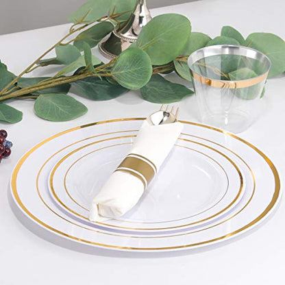 WELLIFE 210 Piece Gold Plastic Dinnerware Set, Include: 30 Dinner Plates, 30 Dessert Plates, 30 Pre Rolled Napkins with Silverware and 30 Cups - color: Gold, style: 210PCS（30 Guests）