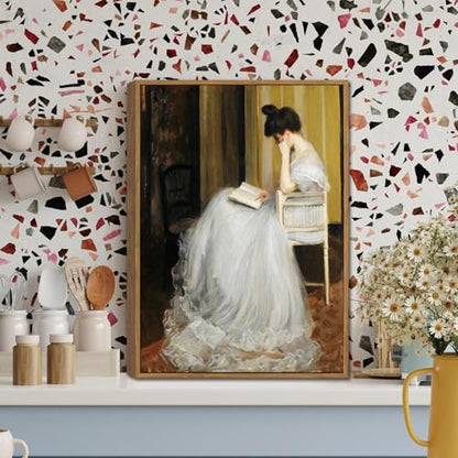 Victorian Lady Reading Canvas Wall Art 8x10 inch - color: White dress, size: 8"x10" Natural