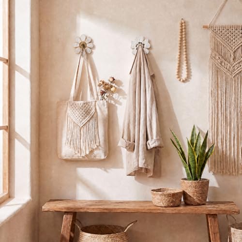 AceOrbit 2 Pcs Farmhouse Boho Flower Coat Hooks Distressed Wooden Wall Hook