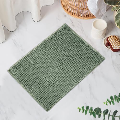 FRESHMINT Chenille Bathroom Rugs Mat 24"x17", Non-Slip Bath Mat for Bathroom Floor & Bathtub, Washable Soft Shower Shag Bath Rugs, Fluffy Thick Water Absorbent Microfiber Shower Mat, Sage Green - color: Sage Green, size: 1'5" x 2' (Rectangular)