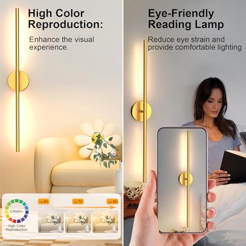 Tartek Battery Operated Wall Sconces Set of Two, Rechargeable Wall Lights with Remote Control, Dimmable 3000K-6000K LED Wall Lamp, 360°Rotate, Long Wireless Sconces for Living Room, Bedroom - color: Gold
