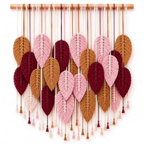 Macrame Wall Hanging Large, Boho Wall Decor, Leaf Macrame Wall Art, Woven Cotton Tapestry for Bedroom Living Room (Pink and Wine) 39" x 31" - color: Pink and Wine